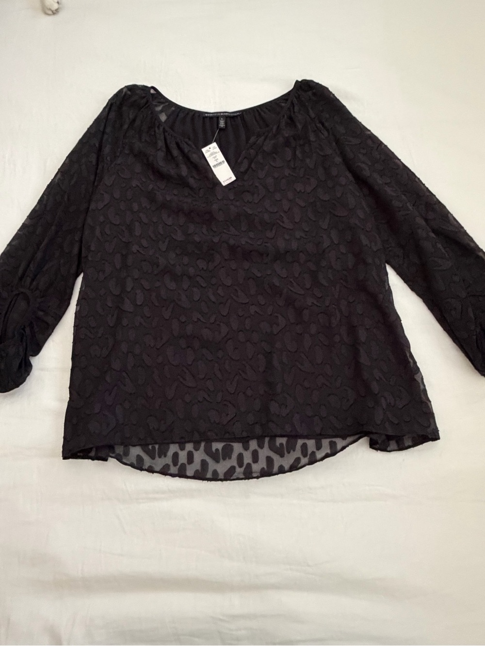 White House Black Market Black Textured Sheer-Layered V-Neck Blouse